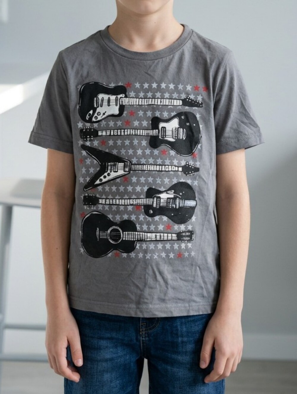 Little Boys Gray Guitar T-Shirt XS 4/5 Casual Shirt Graphic Print Kids Tee
